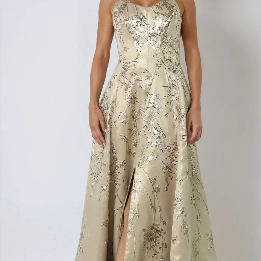 Rene Ruiz Strapless Gold Floral Gown
